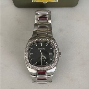 Fossil Silver-Tone Stainless Steel AM3829 Watch with Black Dial & Crystal Bezel